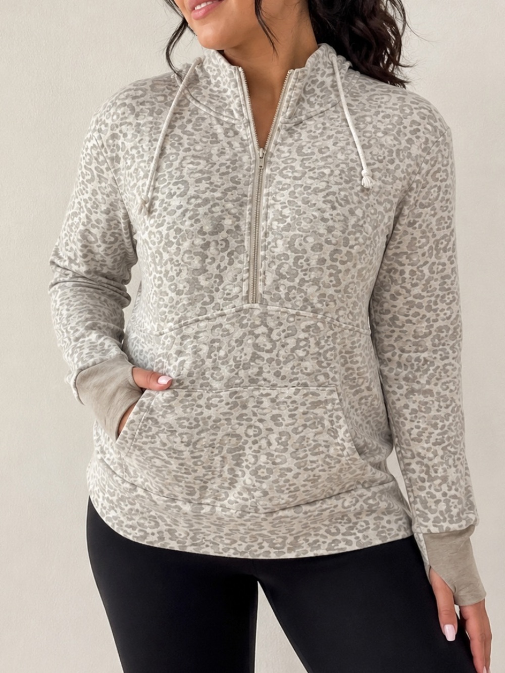 Vanilla Bay Taupe Leopard Half-Zip Hoodie Size Small